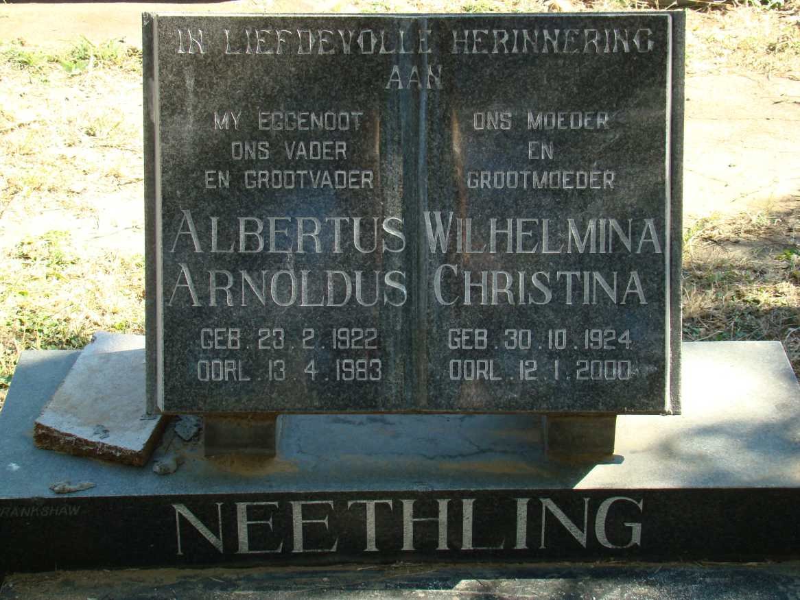 NEETHLING Albertus Arnoldus 1922-1983 &amp; Wilhelmina Christina 1924-2000