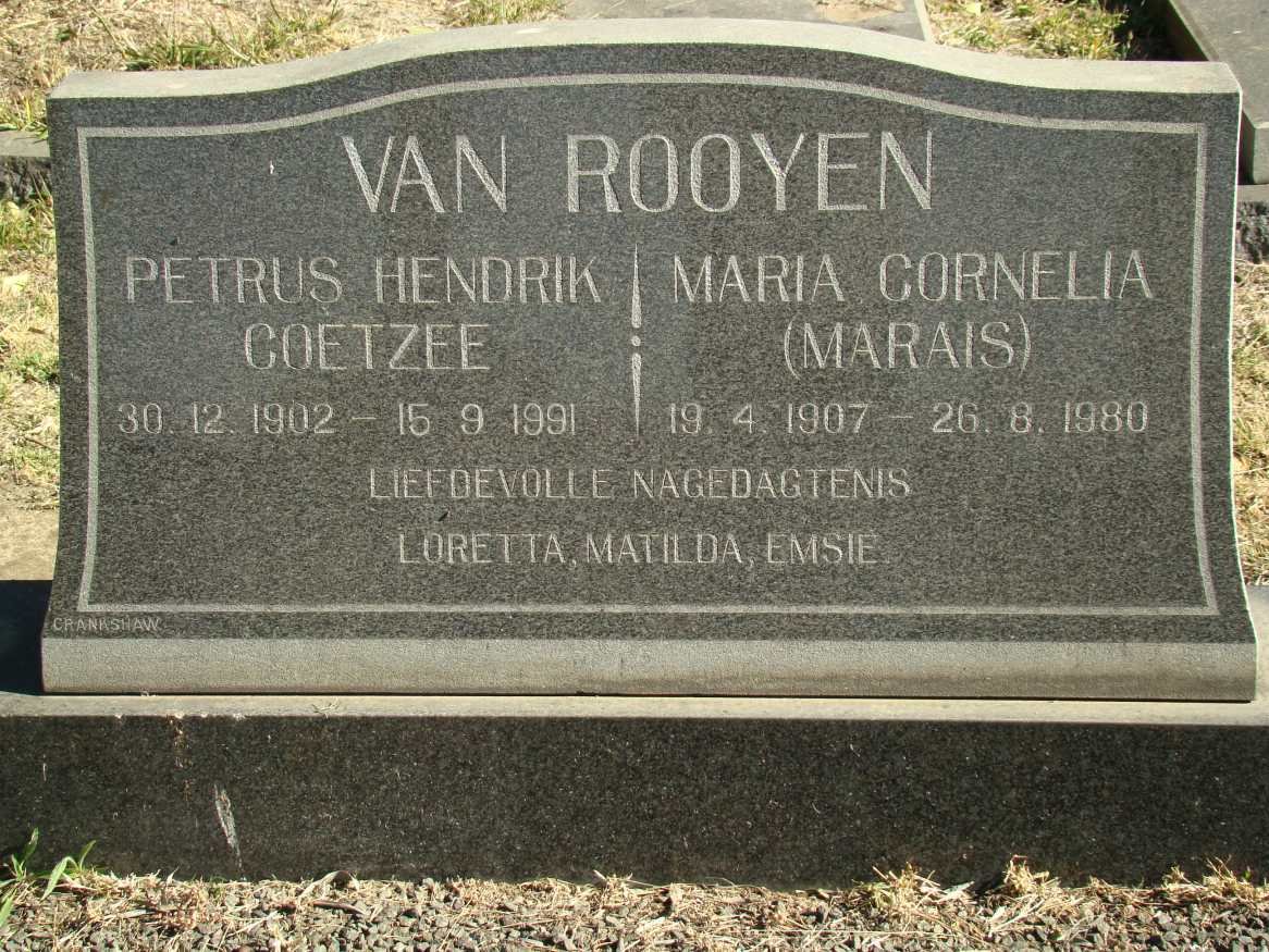 ROOYEN Petrus Hendrik Coetzee, van 1902-1991 &amp; Maria Cornelia MARAIS 1907-1980