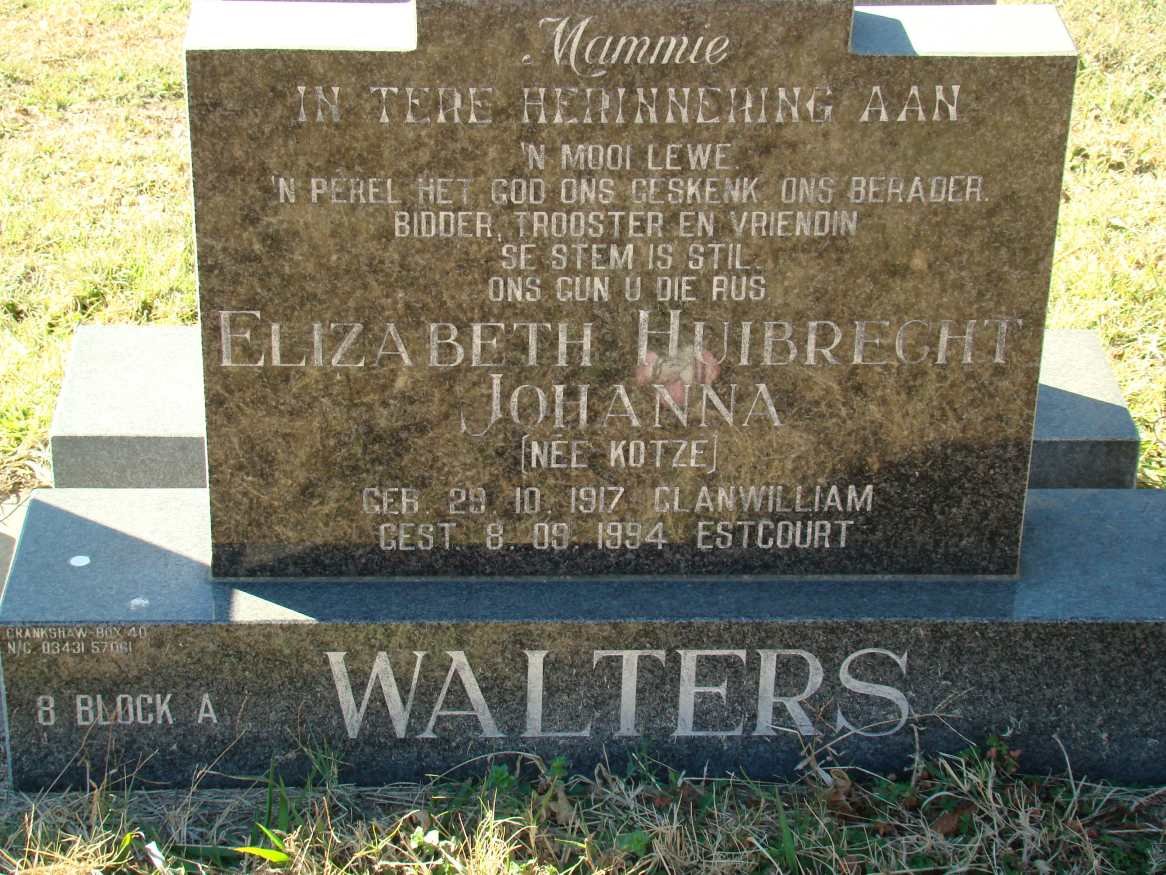 WALTERS Elizabeth Huibrecht Johanna nee KOTZE 1917-1994