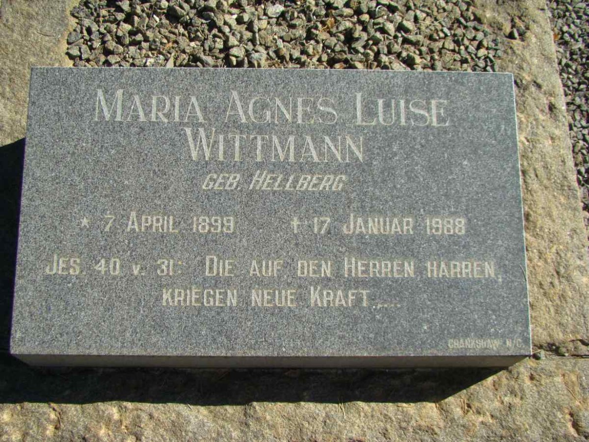 WITTMANN Maria Agnes Luise nee HELLBERG 1899-1988