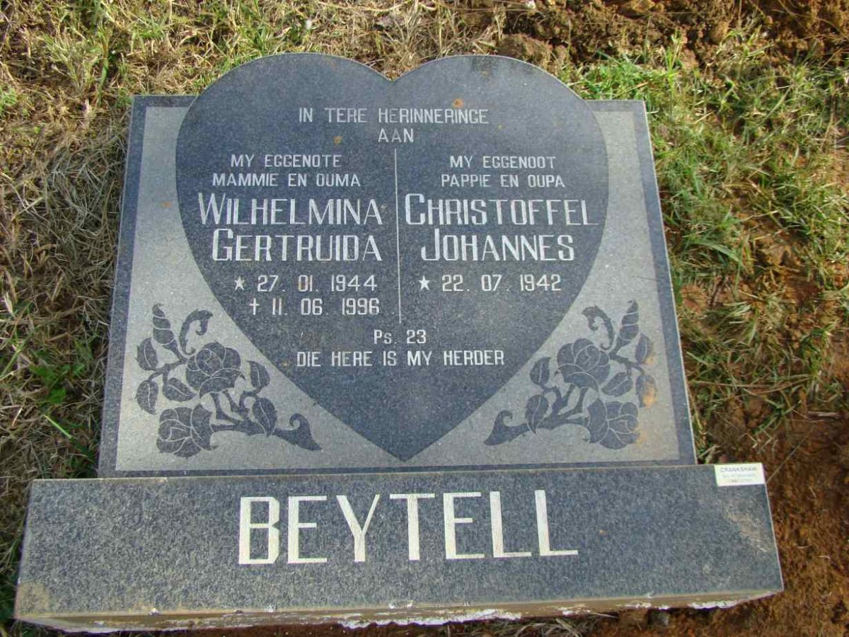 BEYTELL Christoffel Johannes 1942- &amp; Wilhelmina Gertruida 1944-1996