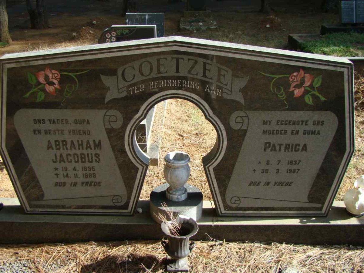 COETZEE Abraham Jacobus 1935-1999 &amp; Patrica 1937-1987