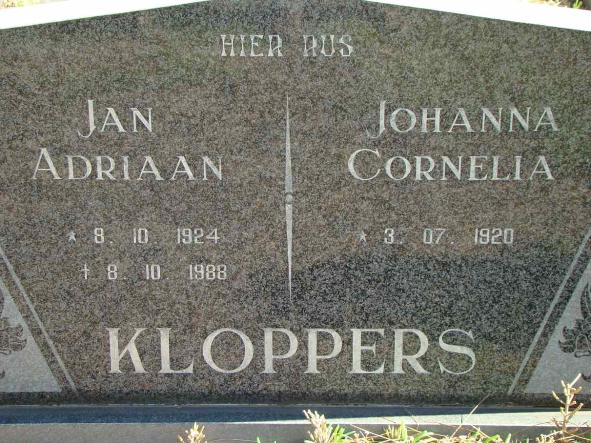 KLOPPERS Jan Adriaan 1924-1988 &amp; Johanna Cornelia 1920-