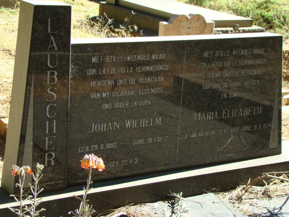 LAUBSCHER Johan Wilhelm 1892-1972 &amp; Maria Elizabeth VAN NIEKERK 1899-1974