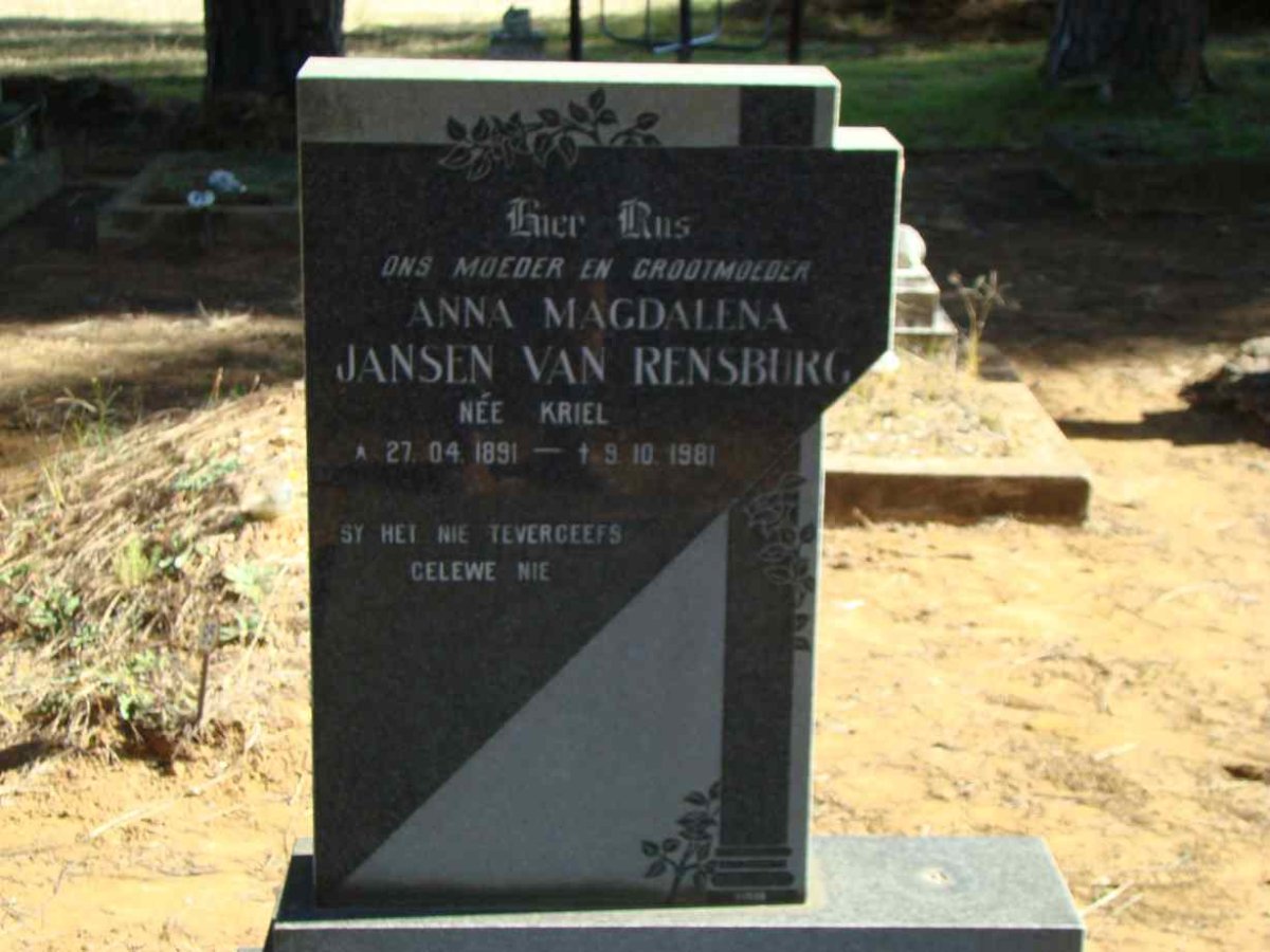RENSBURG Anna Magdalena, Jansen van nee KRIEL 1891-1981