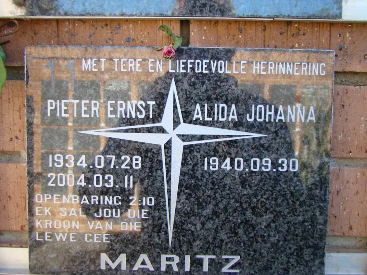 MARITZ Pieter Ernst 1934-2004 &amp; Alida Johanna 1940-