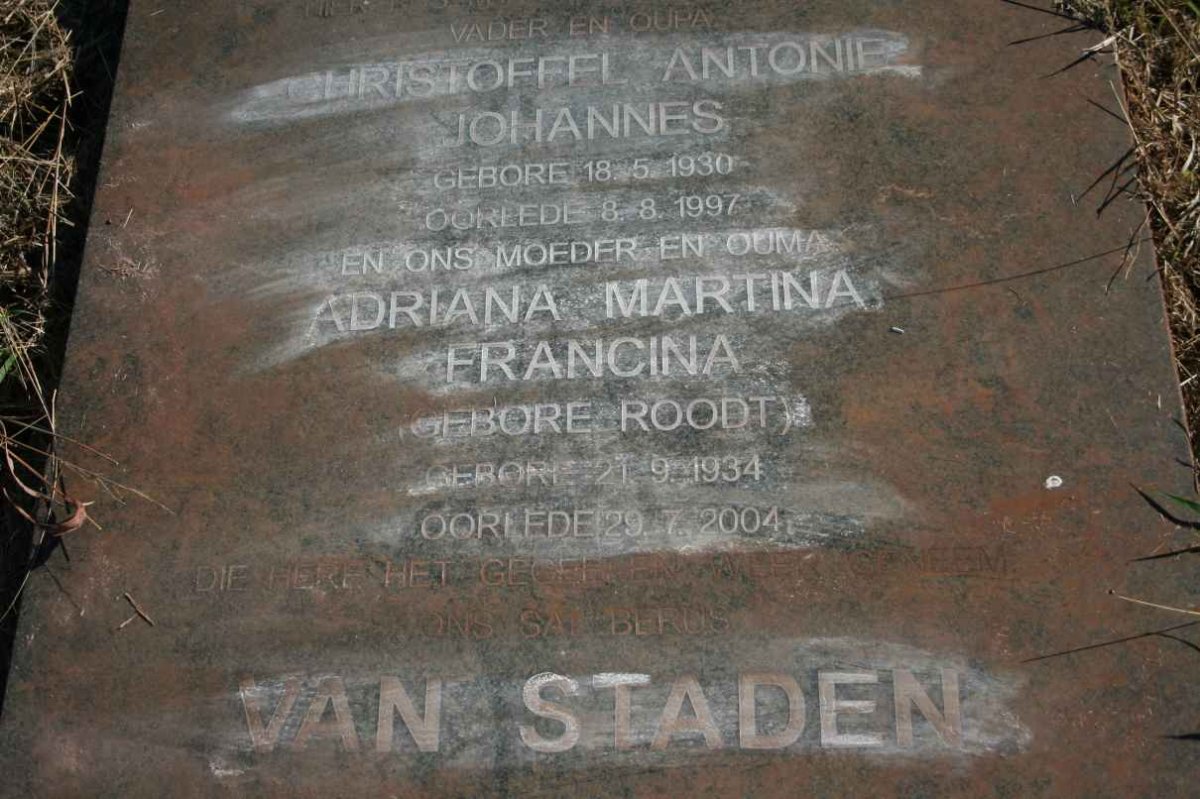 STADEN Christoffel Antonie Johannes, van 1930-1997 &amp; Adriana Martina Francina 1934-2004
