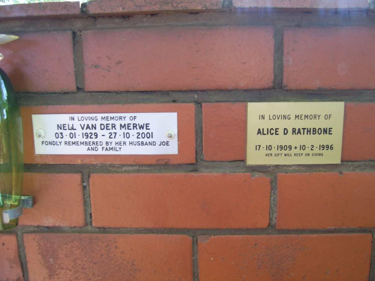 RATHBONE Alice D. 1909-1996 :: MERWE Nell, van der 1929-2001
