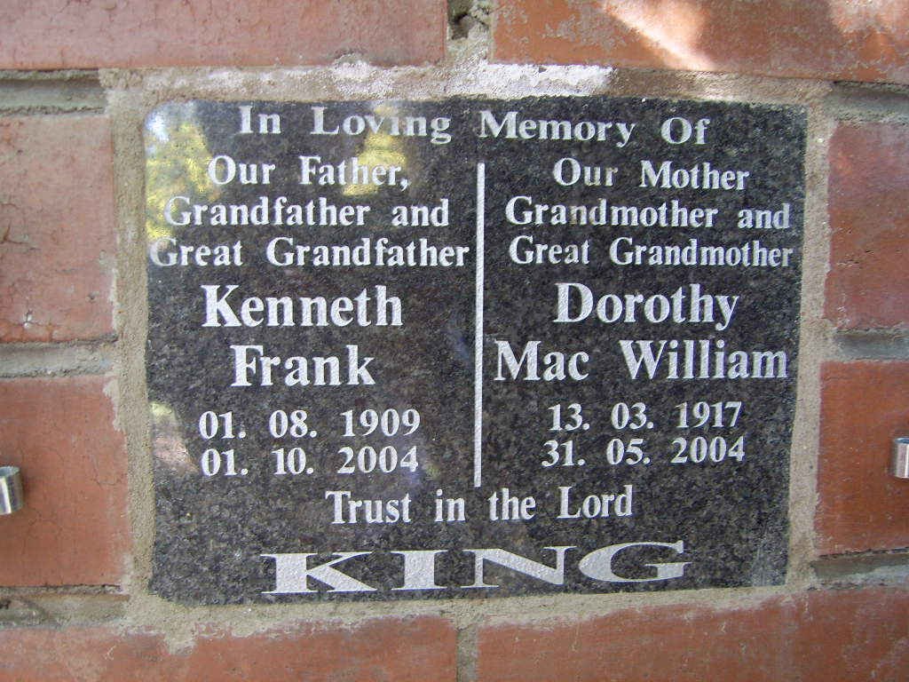 KING Kenneth Frank 1909-2004 &amp; Dorothy Mac William 1917-2004