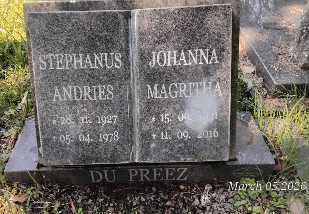 PREEZ Stephanus Andries, du 1927-1978 & Johanna Magritha 1931-2016