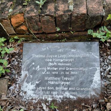 HOLLINGTON Thelma Joyce formerly HANSMEYER nee HOLMES 1918-2010 :: HANSMEYER Matthew Trevor 1969-1995