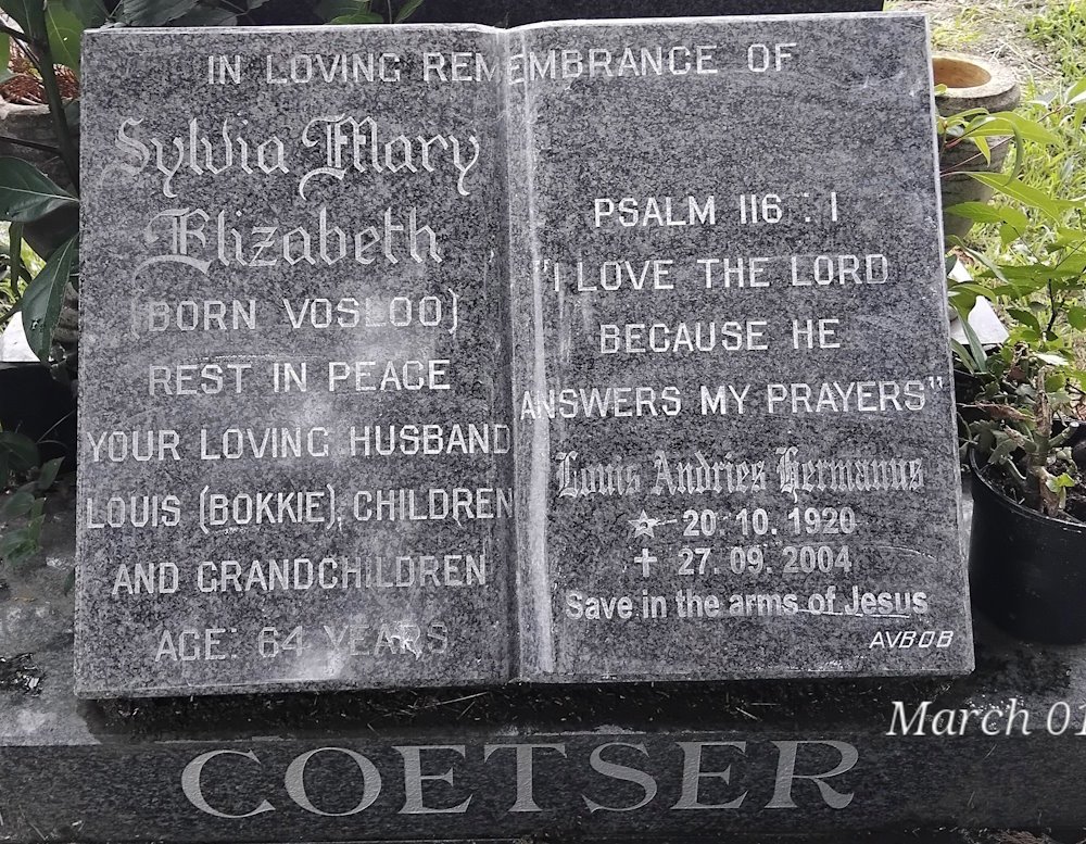 COETSER Louis Andries Hermanus 1920-2004 & Sylvia Mary Elizabeth VOSLOO 