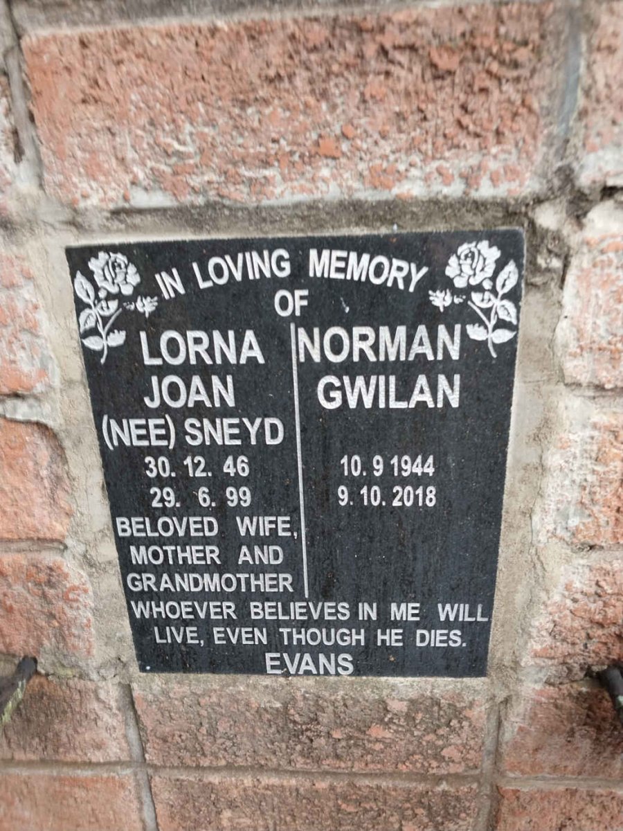 EVANS Norman Gwilan 1944-2018 & Lorna Joan SNEYD 1946-1999