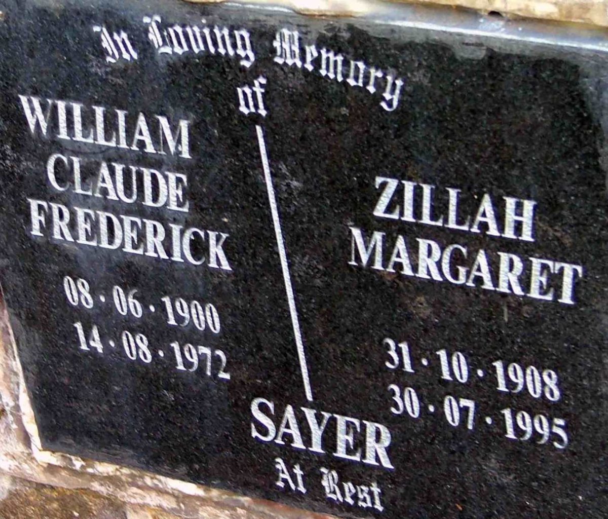 SAYER William Claude Frederick 1900-1972 &amp; Zillah Margaret 1908-1995