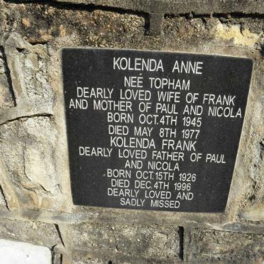 KOLENDA Frank 1926-1996 &amp; Anne TOPHAM 1945-1977