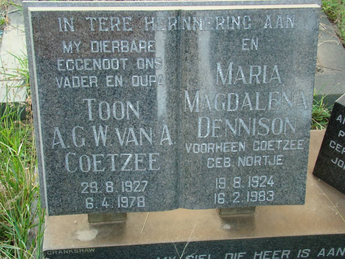 COETZEE A.G.W. van A. 1927-1978 :: DENNISON Maria Magdalena formerly COETZEE nee NORTJE 1924-1983