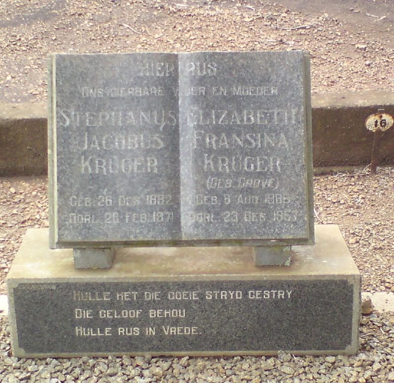 KRUGER Stephanus Jacobus 1882-1971 &amp; Elizabeth Fransina GROVE 1886-1953