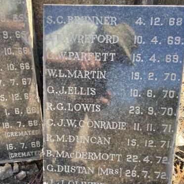 BRUNNER S.C. -1968 :: WREFORD A.P. -1969 :: PARFETT G.W. -1969 ::MARTIN W.L. -1970 :: ELLIS G.J. -1970 :: LOWIS R.G. -1970 :: CONRADIE C.J.W. 1971 :: DUNCAN R.M. -1971 :: MACDERMOTT B. -1972 :: DUSTAN G. (Mrs.) -1972 :: OLIVIER J.J. -1972